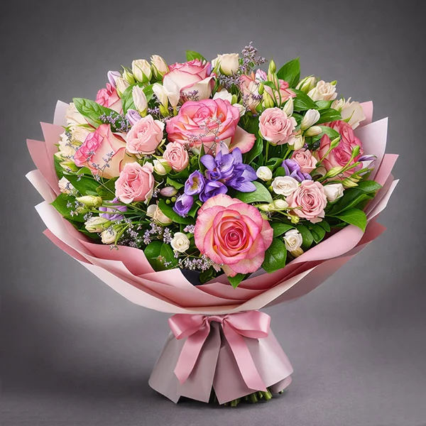 Сны о тебе – букет из розовой и белой розы с эустомой